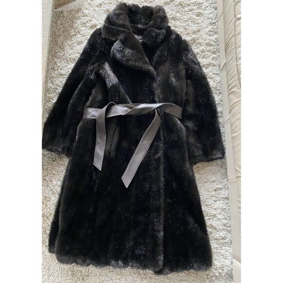 Vintage Coat Ilda-Marie Frocks Faux Fur Belted Chocolate Brown Medium Mid Length